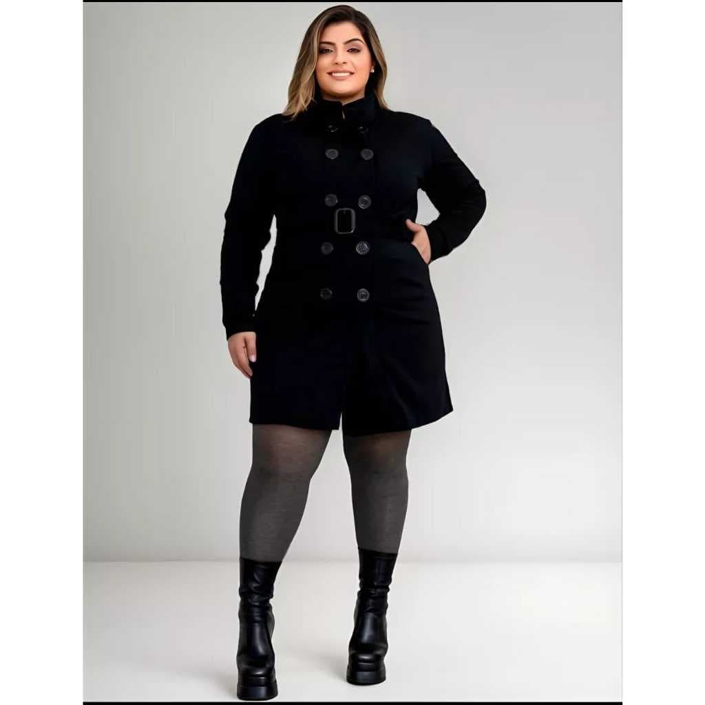Casaco Plus feminino Sobretudo Moletom Inverno Com Bolsos  Botões e cinto Para Fechamento Top