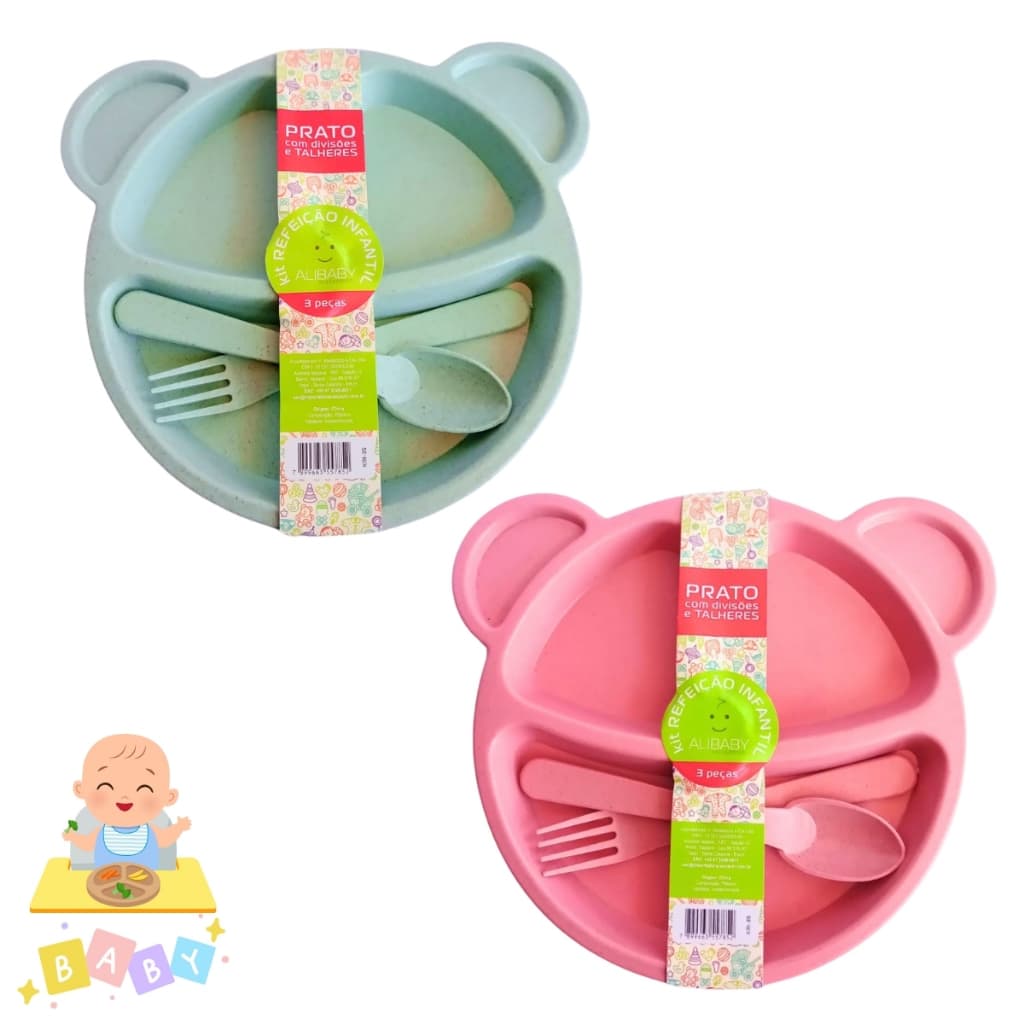 Kit 2 Pratos Com 3 Peças Alimentação Refeição Bebe Prato Infantil Plástico Resistente Divisórias
