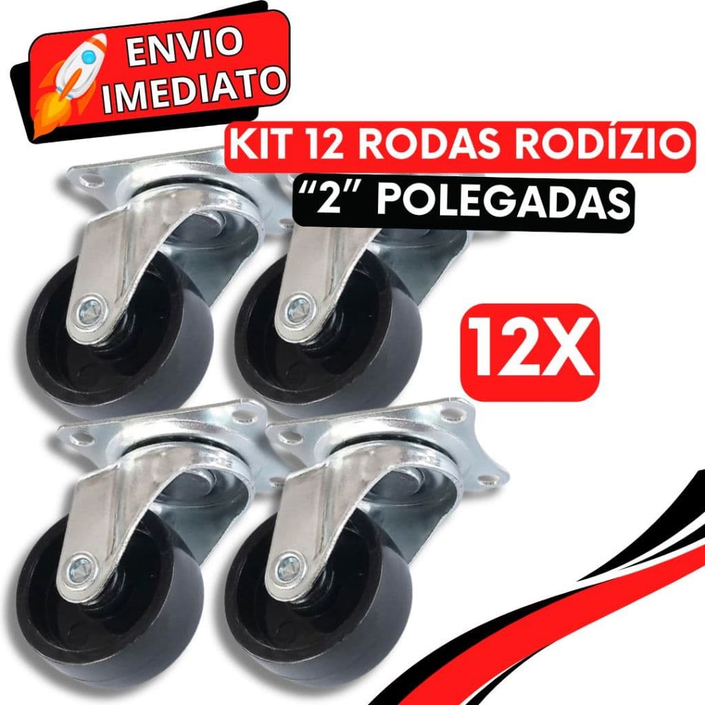 KIT 12 Roda Rodízio Giratório Rodinha de Móveis Reforçada Resistente "2" Polegadas Preta para Vaso Suporte Cabeceira