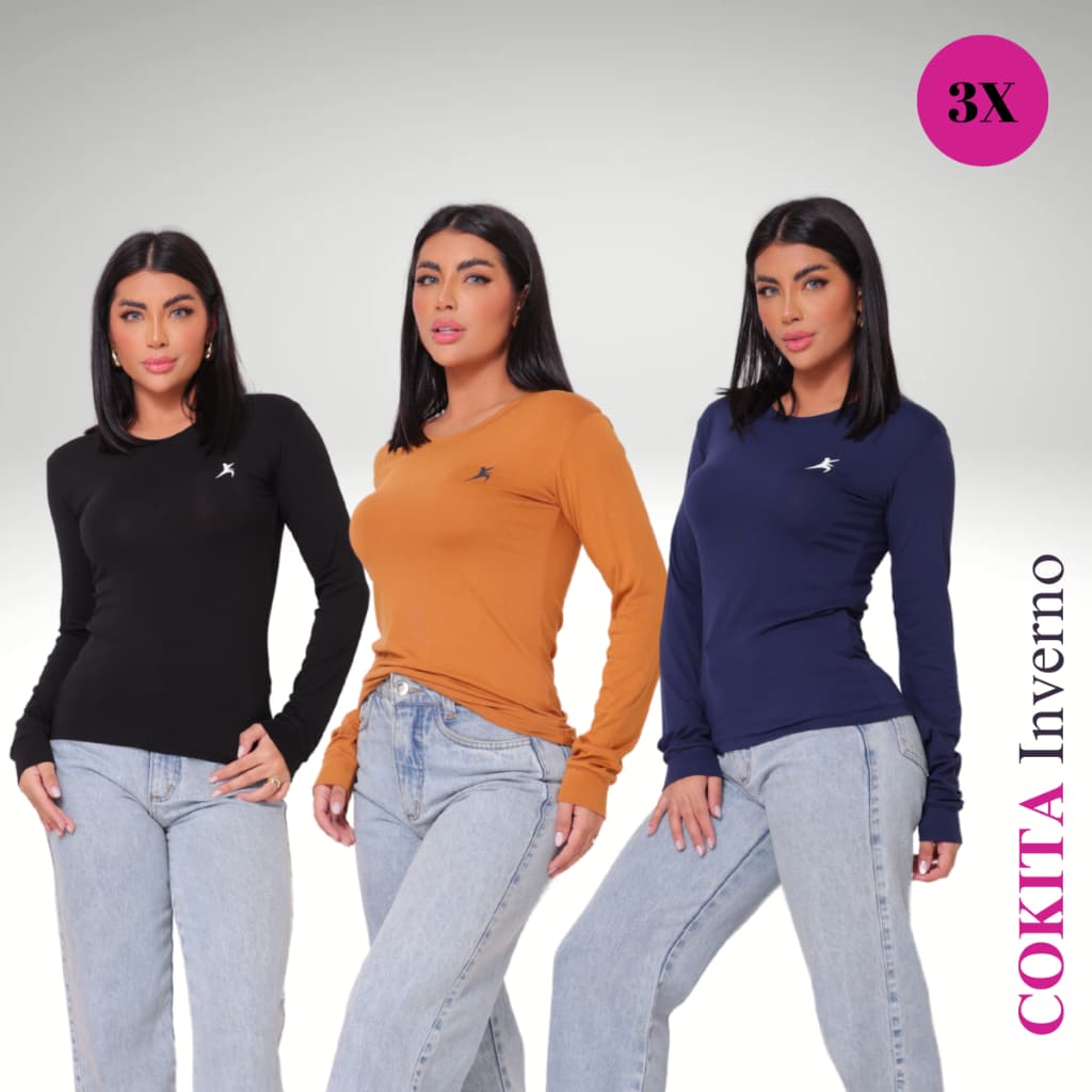 Kit 3 Blusas Manga linga Femininas Segunda Pele Gola Redonda Viscolycra Premium Inverno 2026