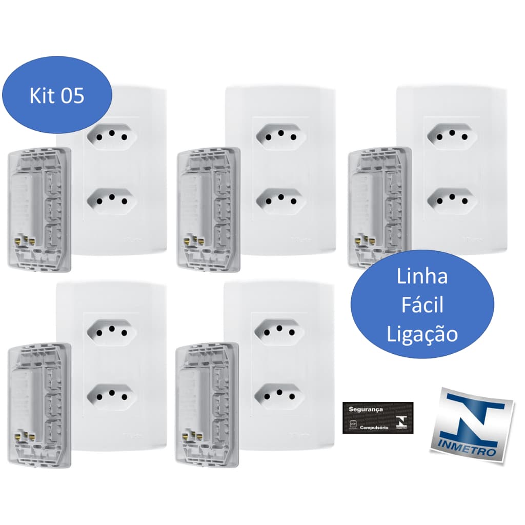 Kit 05 Tomadas Dupla 20a Monobloco Modular Branca Fácil Instalação 4x2