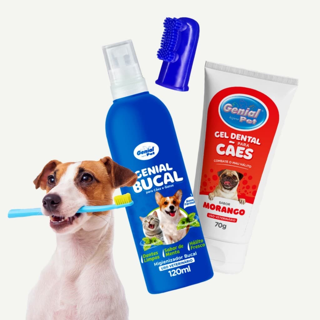Kit Escova de Dentes Creme Dental Spray Bucal Pet Genial para Cães Gatos Cachorro Previne Mau Hálito