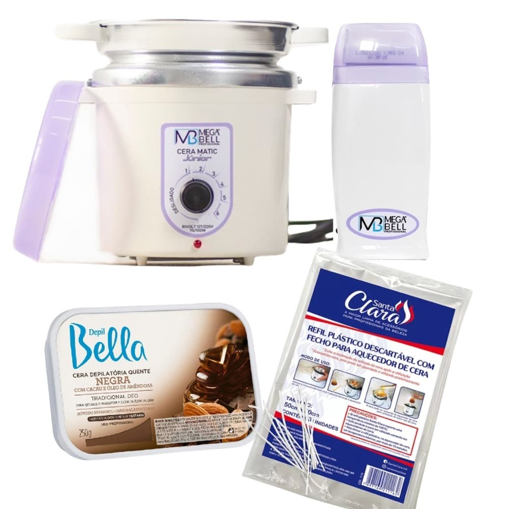 Kit Termocera 400g Branca com Lilás + Roll-on + Refil Plástico + Cera em barra 250g