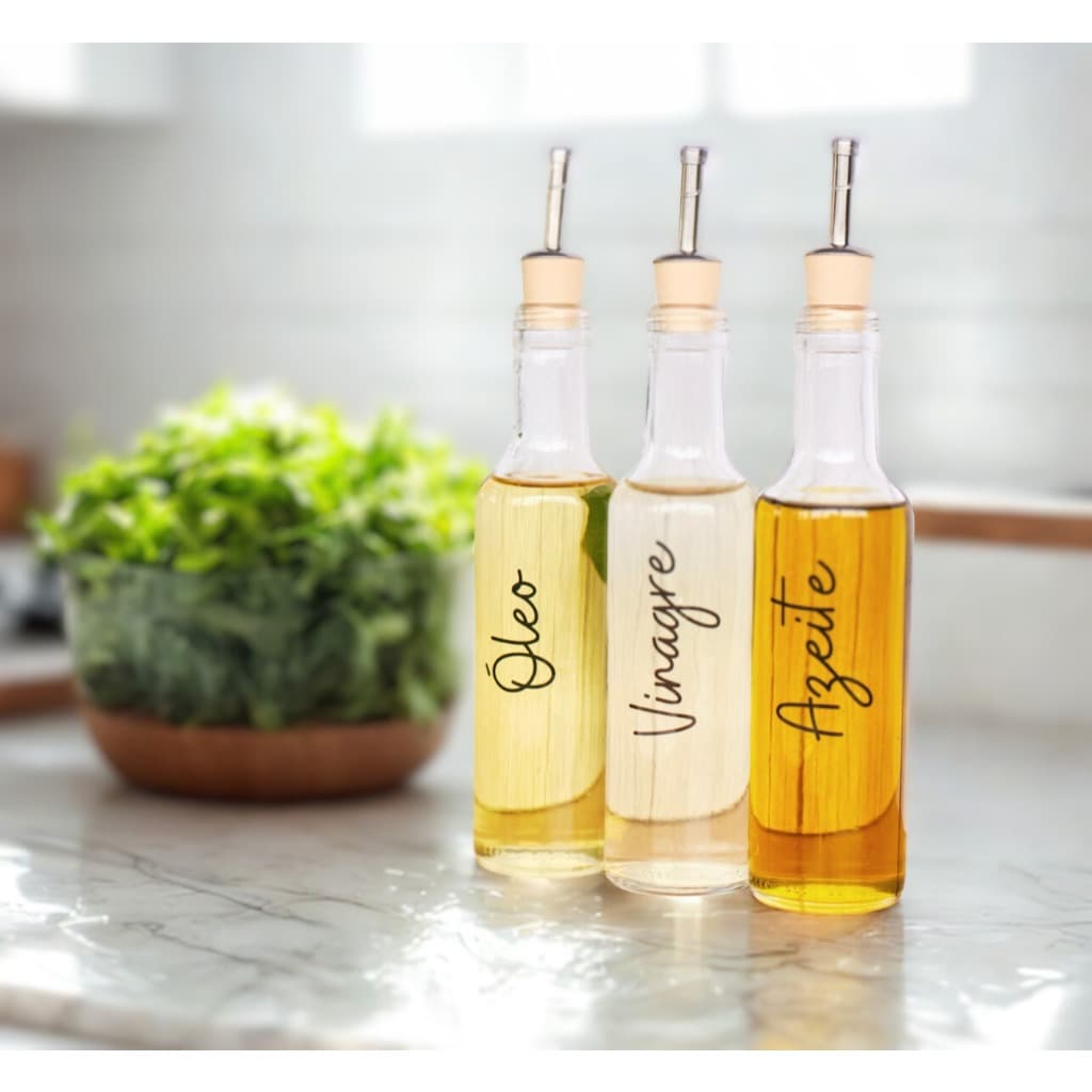 Kit 3 Galheteiro de Vidro Porta Azeite e Vinagre com Bico Dosador c/ Etiquetas Lindas
