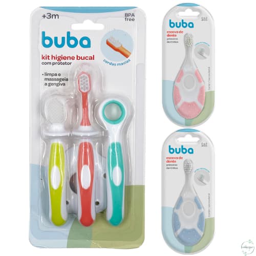 Escova de Dente Primeiros Dentinhos ou Kit Higiene Bucal com Protetor Bebê Cerdas Macias Buba