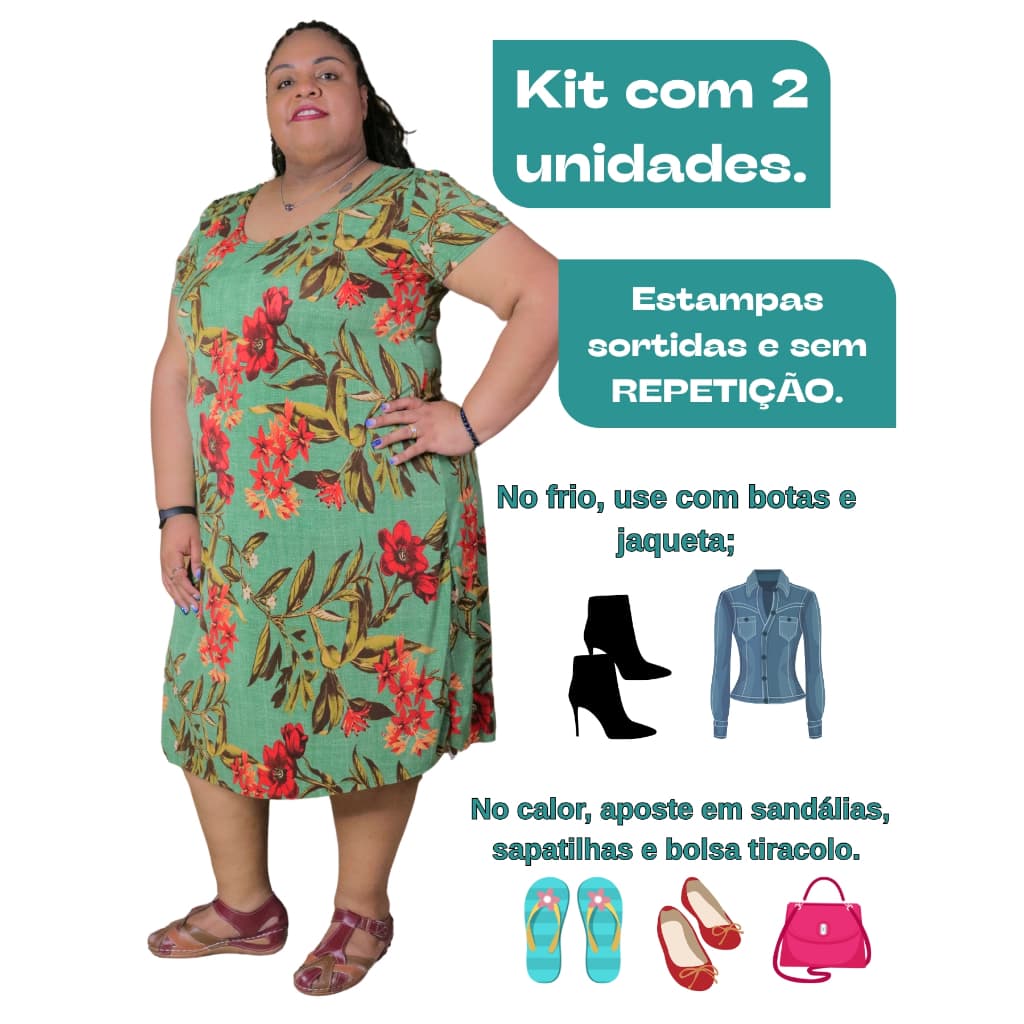 Kit 2 Vestidos Feminino Manga Curta Malha Liganet Verão Lindas Estampas Plus Size Senhora