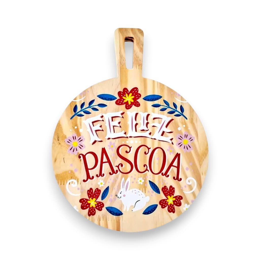 Tábua Decorativa Redonda com Pendurador - com frase Feliz Páscoa