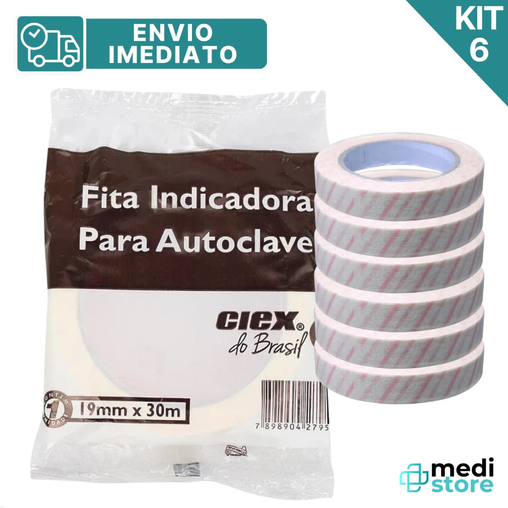 Kit com 6 - Fita Adesiva Zebrada para Autoclave Esterilização 19mm X 30m da CIEX - Envio Imediato