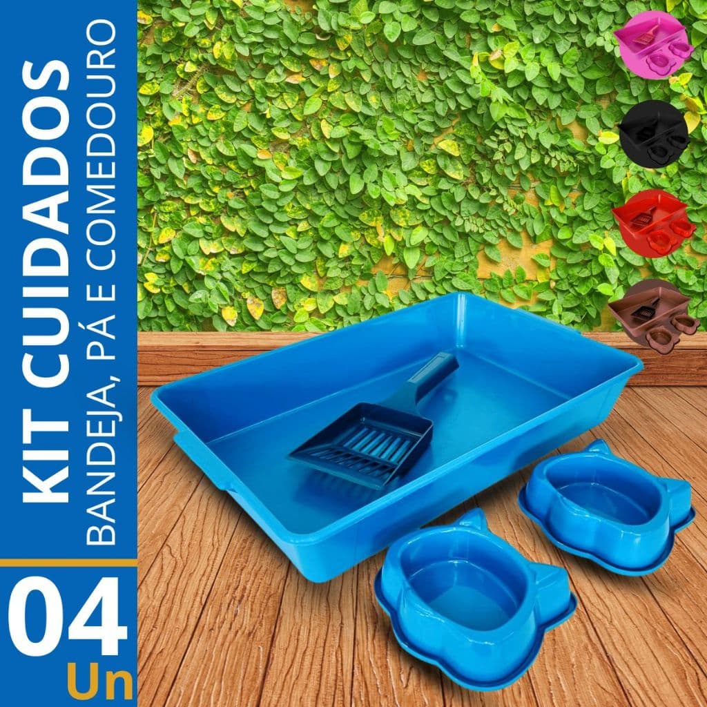 Caixa de Areia para Gatos com Pazinha + Bebedouro e Comedouro Kit Cuidados
