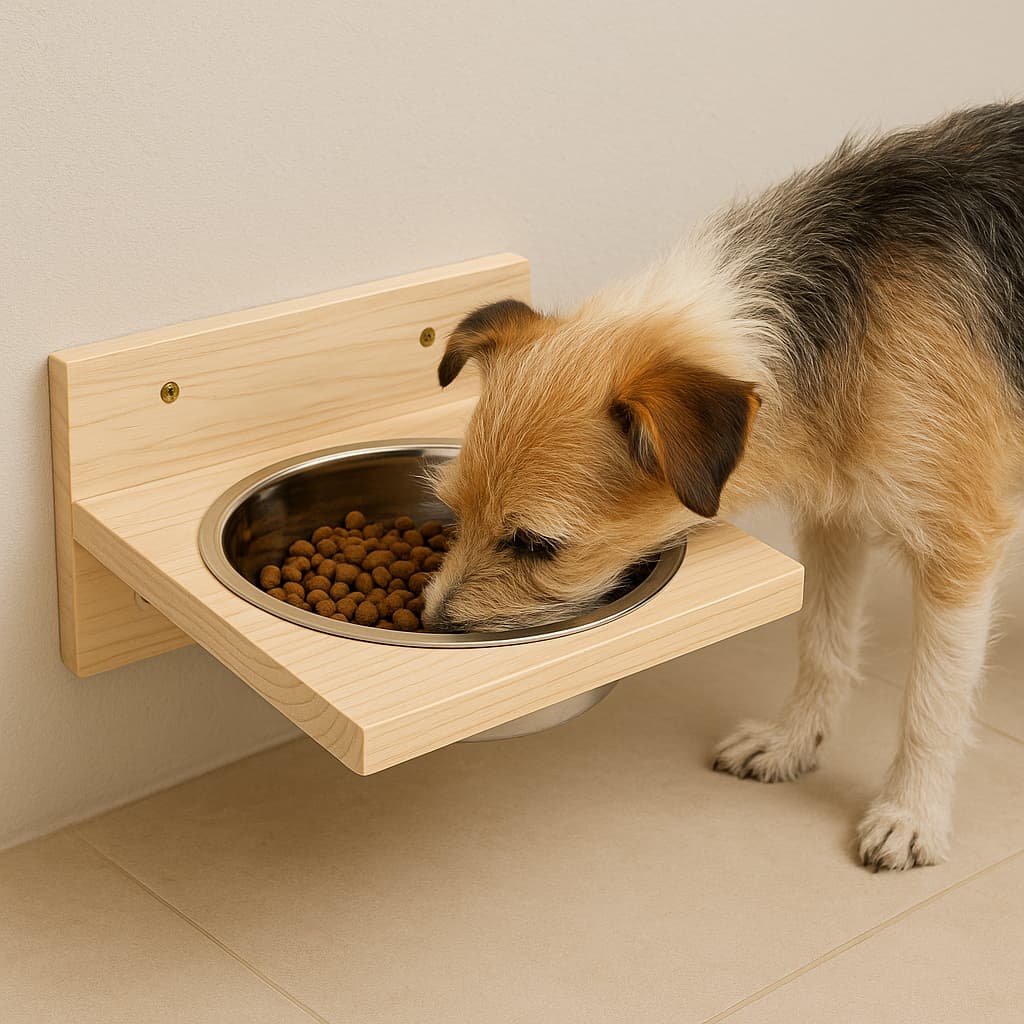 Comedouro Madeira Elevado C/ 1 Pote Inox P/ Cachorros Gatos - Parede