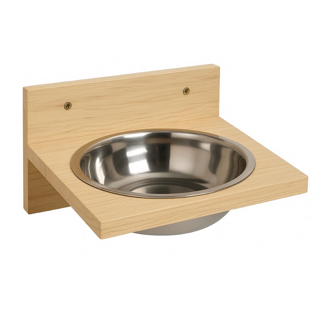 Comedouro alimentador de Madeira Elevado C/ 1 Pote Inox P/ Cachorros Gatos - Parede
