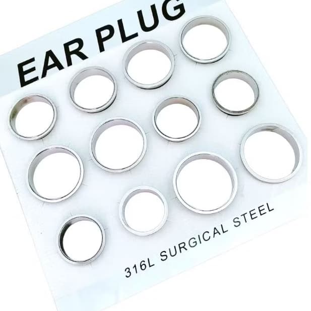 alargador prata aço 30mm 32mm 34mm 36mm 38mm 40mm expansor de rosquear piercing cartela 12 unid unissex tamanhos variado