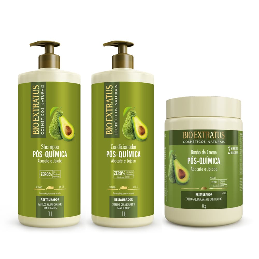 Kit Pós Química Shampoo Condicionador e Banho de Creme Bio Extratus 1L Tratamento Restaurador