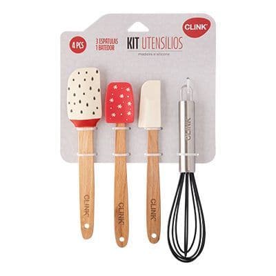 Kit 4 Utensílios Silicone Madeira E Ferro Clink