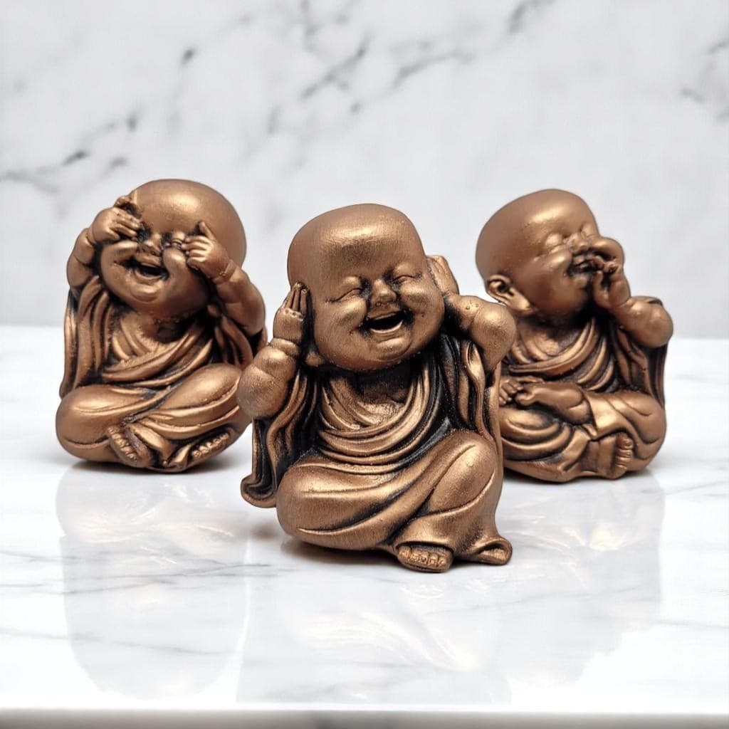 Trio Buda Monge Mini Budinha | Sabedoria | Jardim Zen Decoração  - Dourado Branco Preto Prata Cobre
