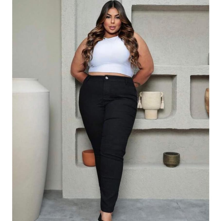 calca preta feminina jeans plus size cintura alta com elastano skinny