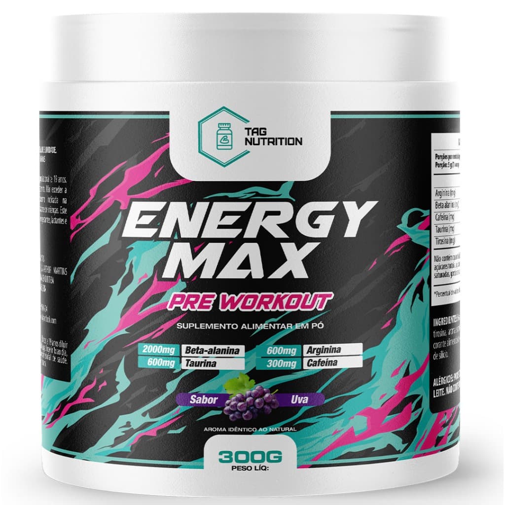 Pré Treino Energy Max 300MG Cafeína Pre Workout - 300G - 60 Porções - TAG Nutrition