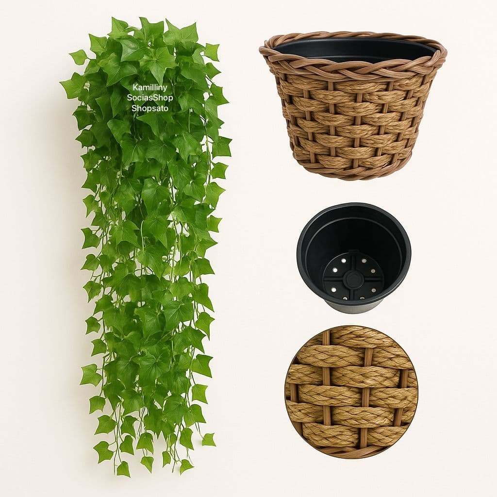 Planta Decorativa + Vaso Trançado Marrom 3 Pendentes Artificial Folhas de Hera