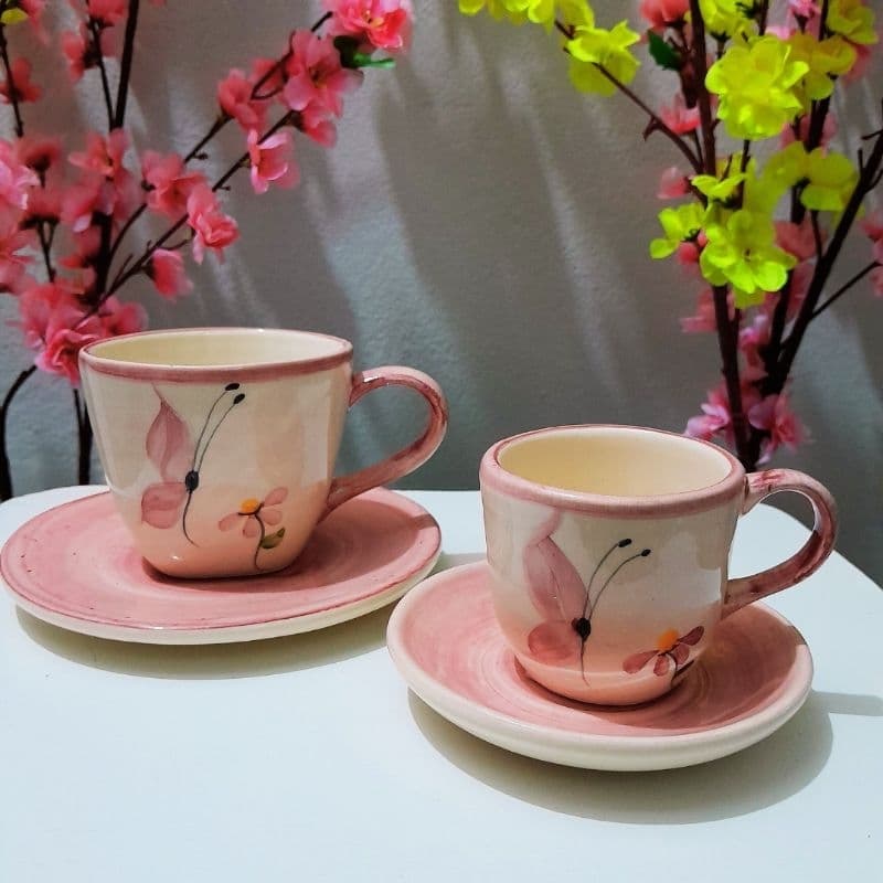 Xícara café e Xícara Chá kit Com duas Xícaras e dois pires Cerâmica pintada a mão decorativo decoração para Café e Chá