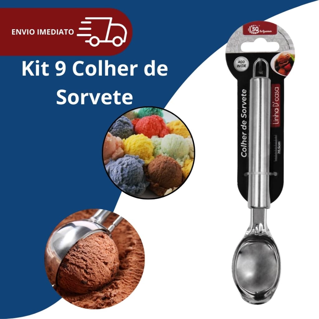 Kit 9 Colher Pegador De Sorvete Açai Aço Inox Prata Sorveteria Gelato