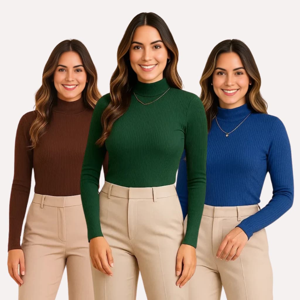Kit 3 Blusas Manga Longa Gola Alta Canelada