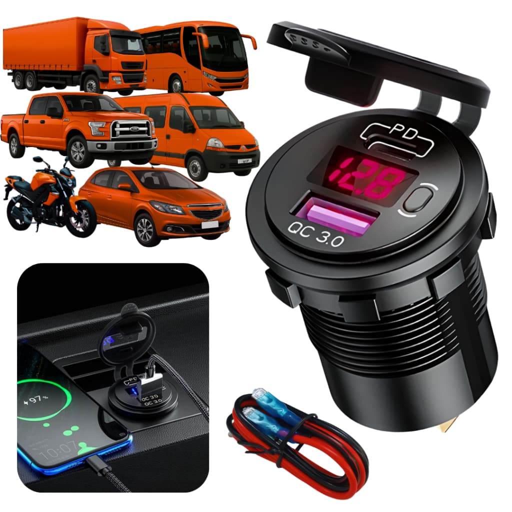 Carregador com display led voltímetro para carro veicular 12/24V 36W QC3.0 Dual USB
