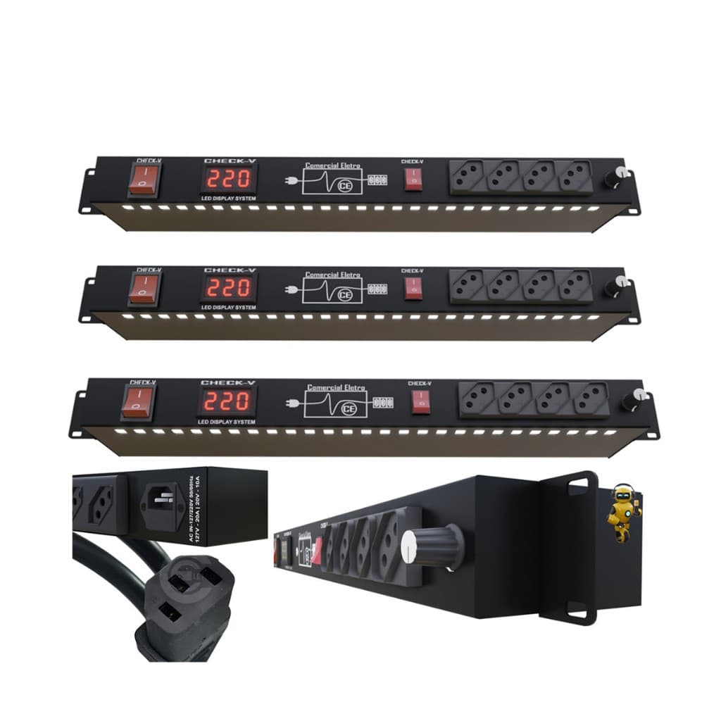 Regua de AC Profissional Padrão Rack 1U Com Sistema Rack Light 12 Tomadas 10A 2500W