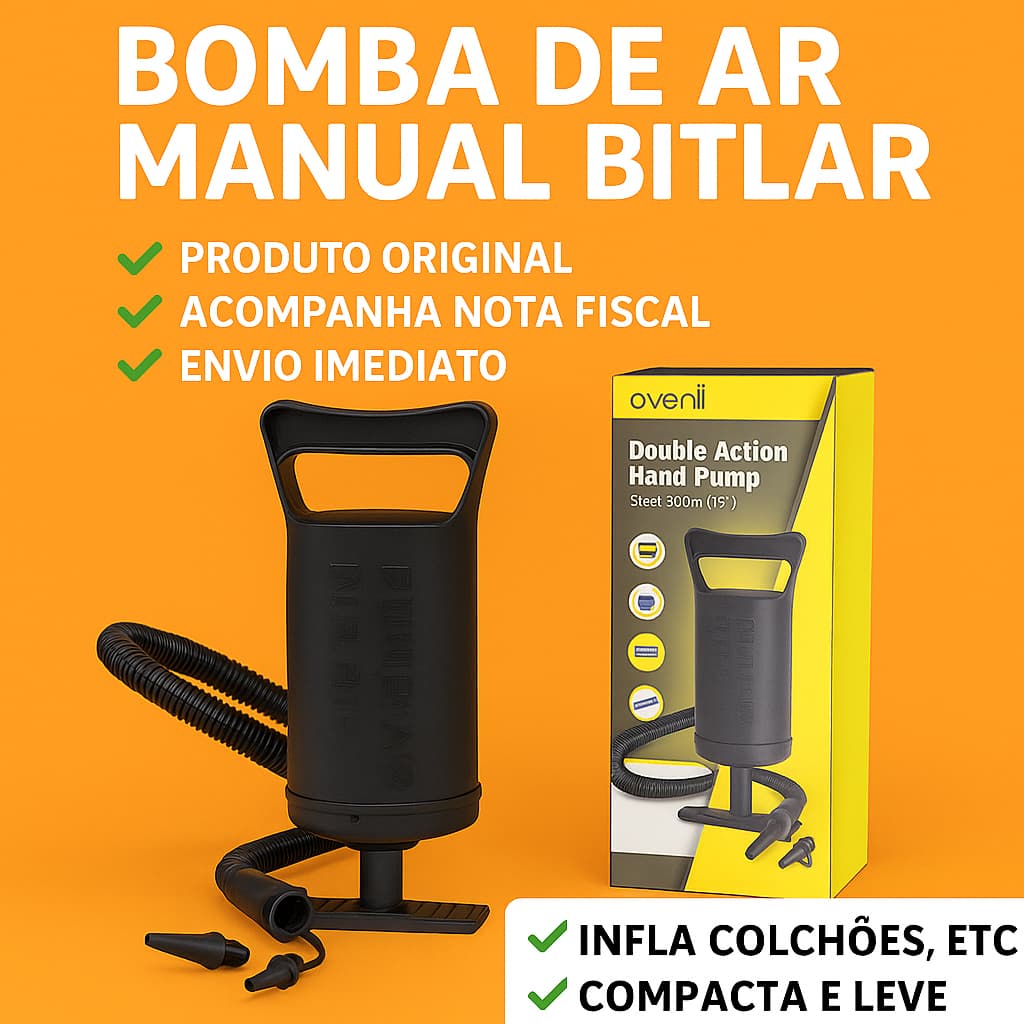 Bomba de Ar Manual Bitlar com 3 Bicos Adaptadores | Portátil para Colchões e Piscinas