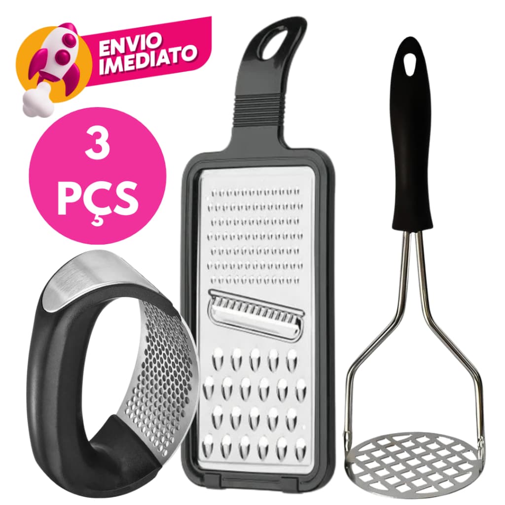 Kit Amassador Batatas Espremedor Alho Ralador Jogo 3 Faca Descascador Legumes Peneira Tabua Corte
