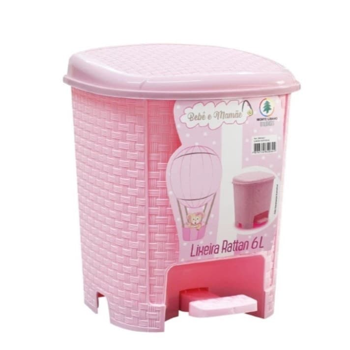 Lixeira Colorida Quarto Criança Cesto 6 Litros Rattan Tampa E Pedal Banheiro Escritório Banheiro Cor Rosa