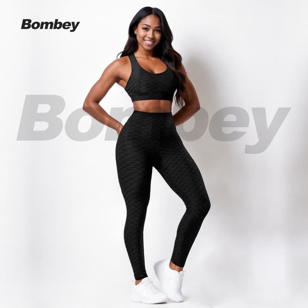 Kit Calça Legging + Top Bolha Suplex de Compressão Cós Alto Empina Bumbum Fitness 3D Textura Flocada