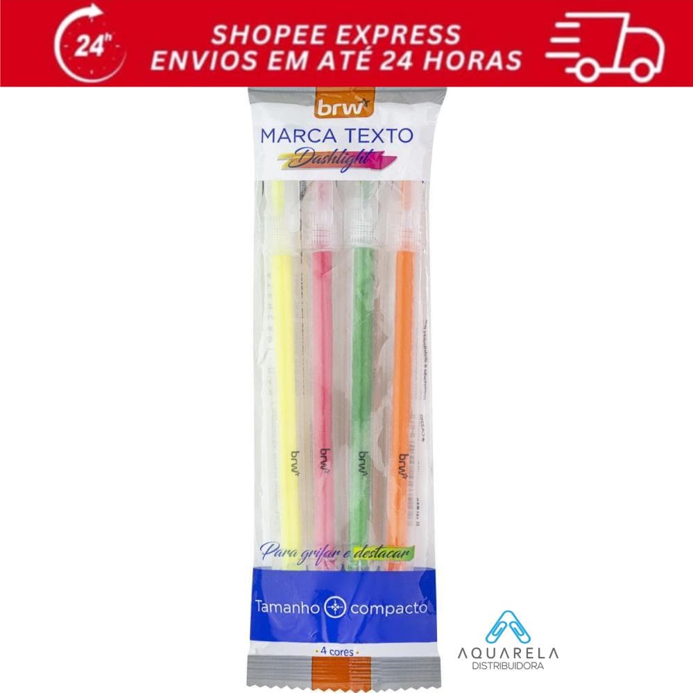 Kit Marca Texto Fluorescente BRW com 4 Cores – Amarelo, Laranja, Verde e Rosa – Corpo Transparente