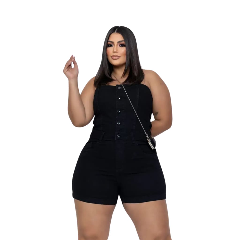 Macacão Shorts Plus Size Jeans Macaquinho Feminino Botões Tomara que Caia Jardineira Moda Feminina Tendência