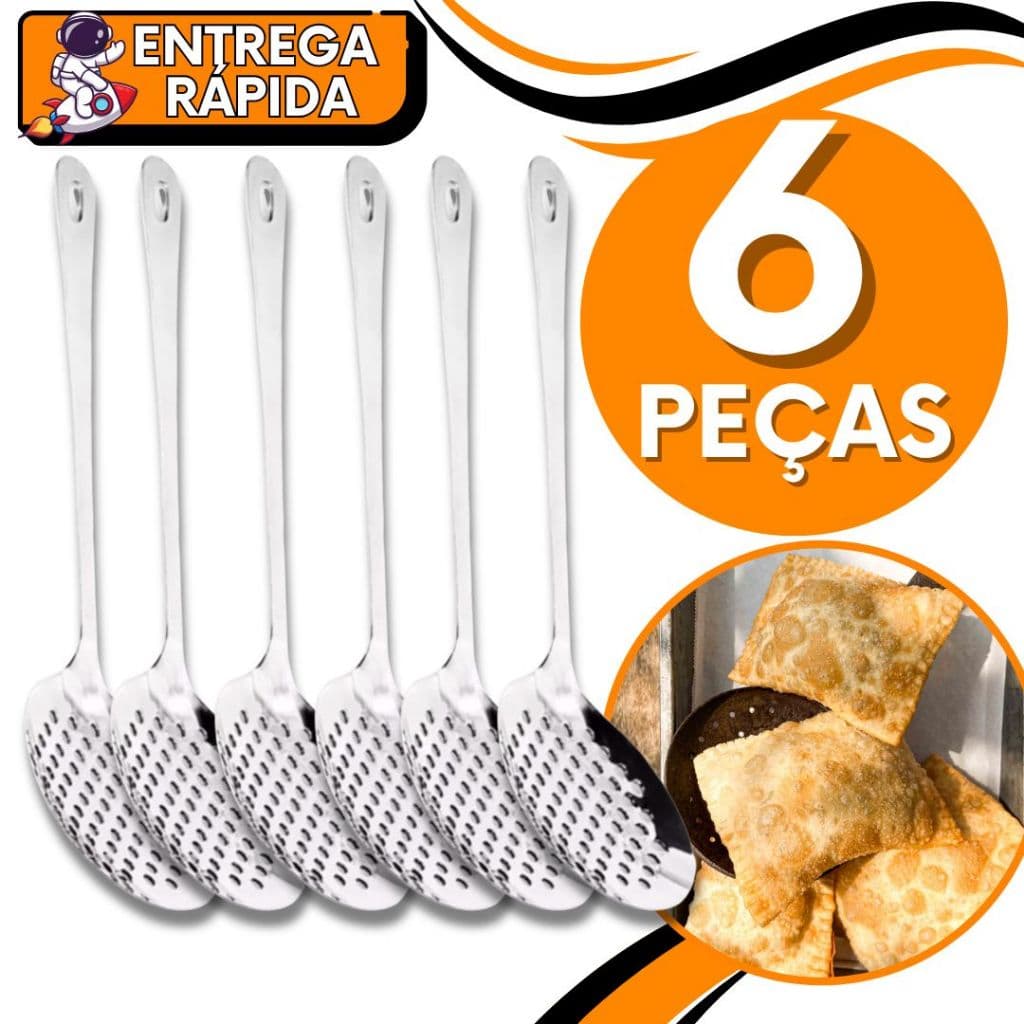 KIT 6 Escumadeira Para Arroz Massa Fritura em Aço Inox Resistente Cozinha Restaurante Churrascaria Casa