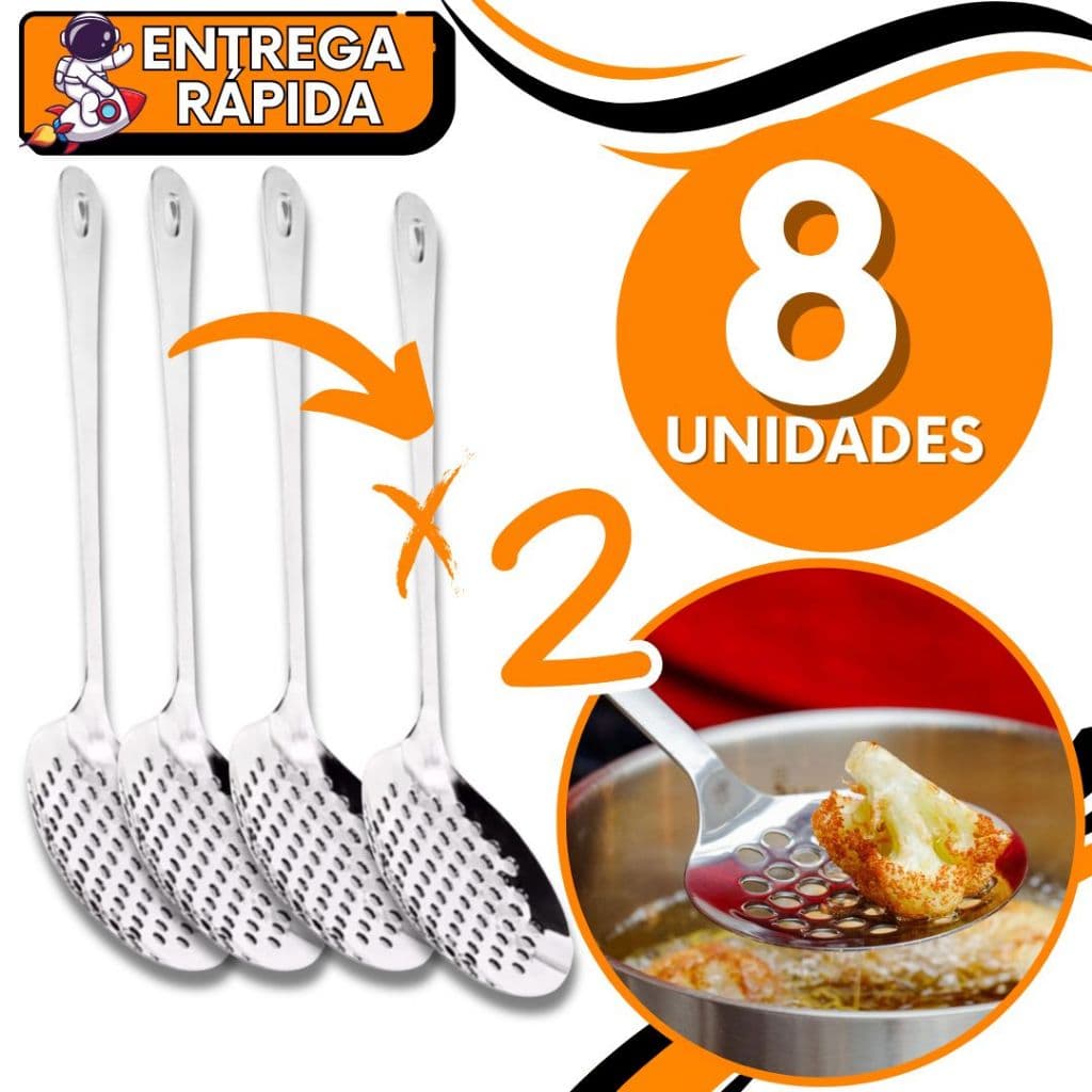 KIT 8 Escumadeira Para Arroz Massa Fritura em Aço Inox Resistente Cozinha Restaurante Churrascaria Casa