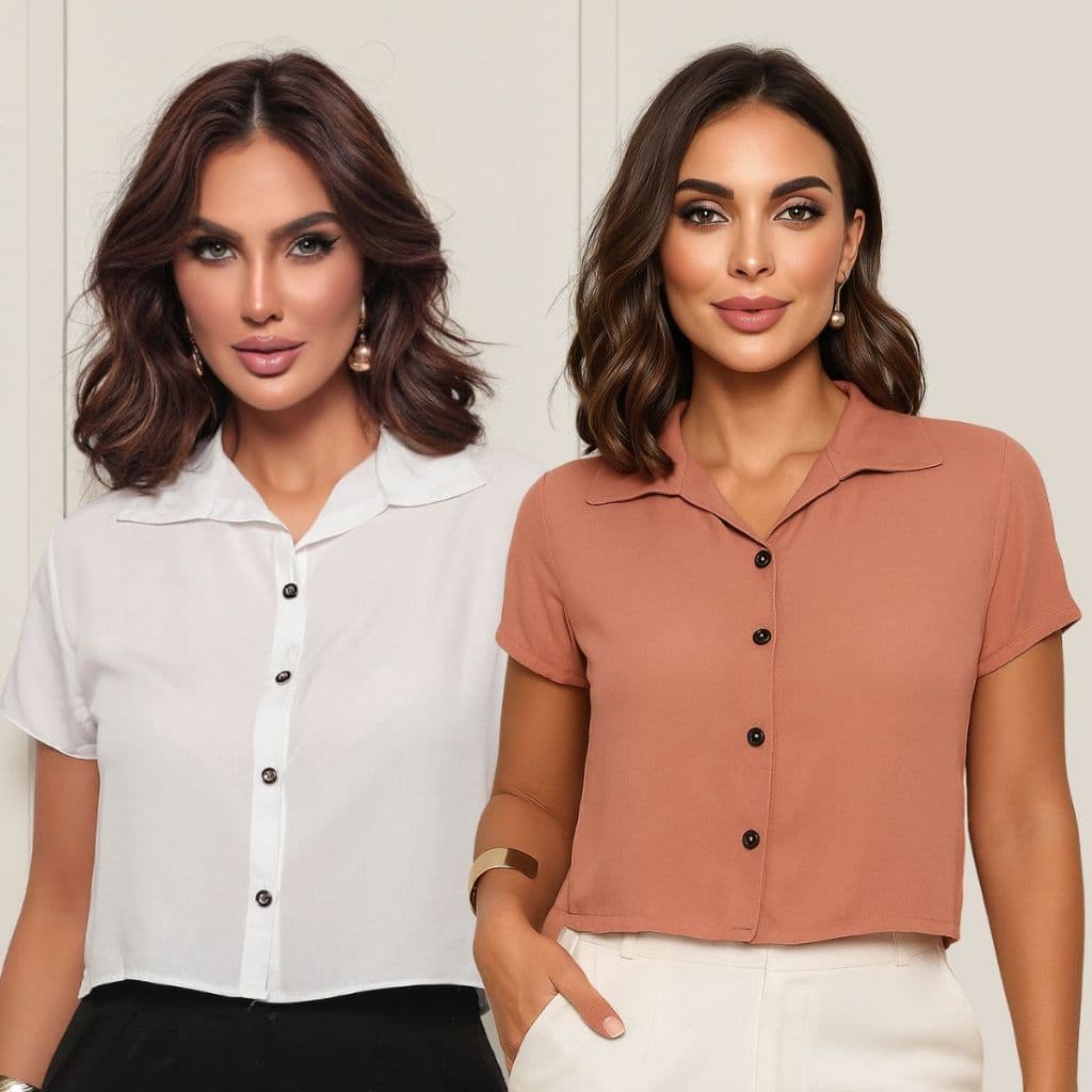 Kit 2 Camisas Blusas Cropped Feminina Viscolinho Manga Curta
