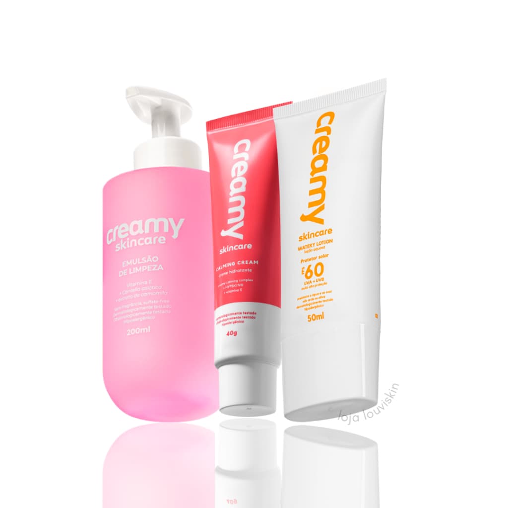 Kit Creamy Skincare Peles Secas ou Ressecadas - Emulsão de Limpeza, Hidratante Calmante Calming Cream e Protetor Solar
