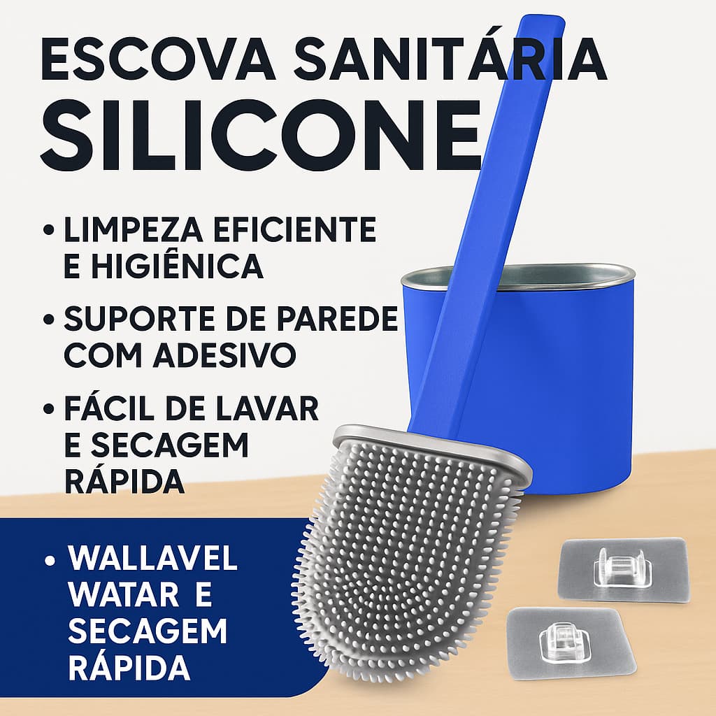 Escova Sanitária Silicone p/ Vaso Sanitário com Suporte de Parede Limpeza de Banheiro