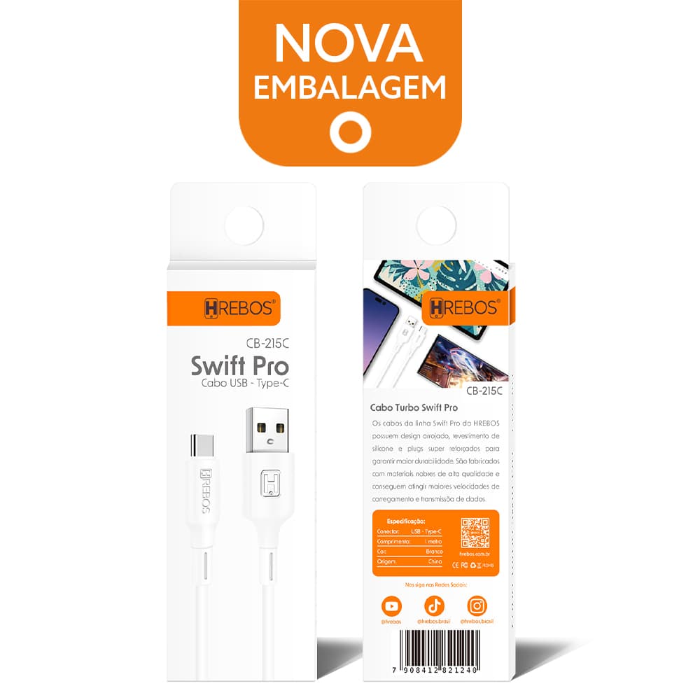 Hrebos CB-215C Cabo Usb Turbo Swilf Pro Tipo C Cor Branco Original