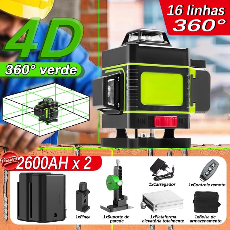 Nível a Laser Profissional Verde 16 Linhas  com Suporte Controle Remoto Autonivelamento 2 Baterias 30 Metros