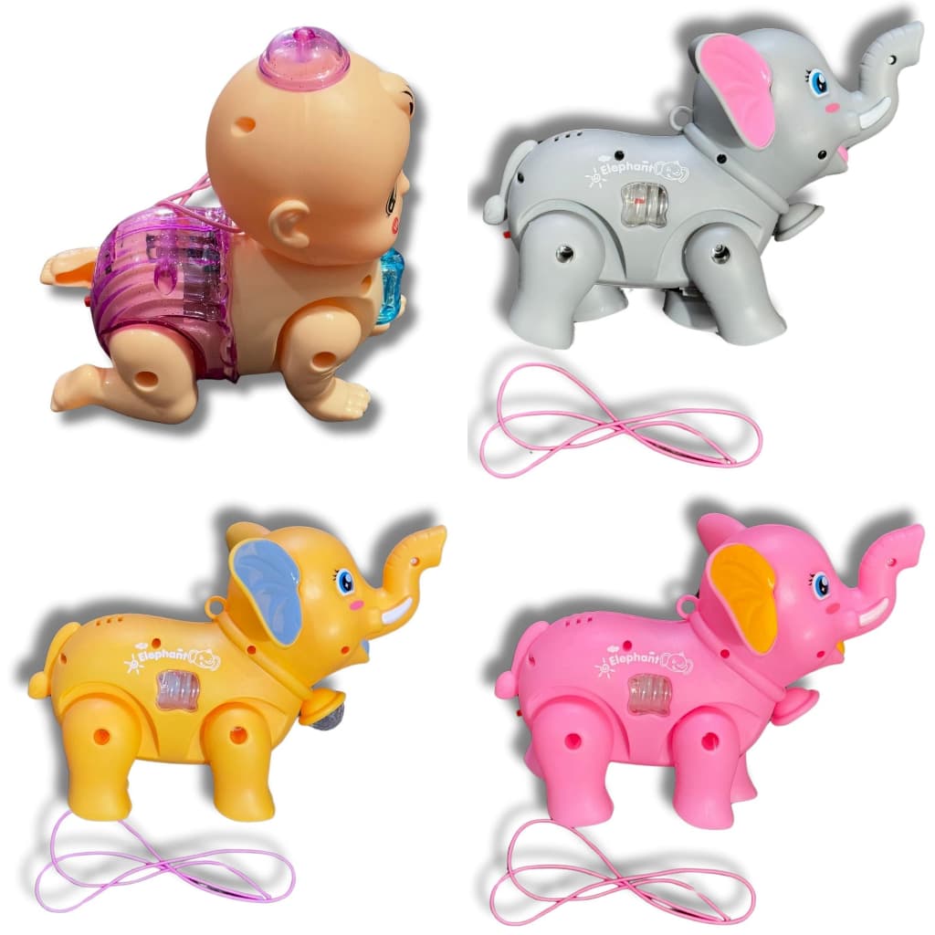 Brinquedo Bebe Elefante Eletrônico Infantil C/ Corda Som Luz e Movimento.