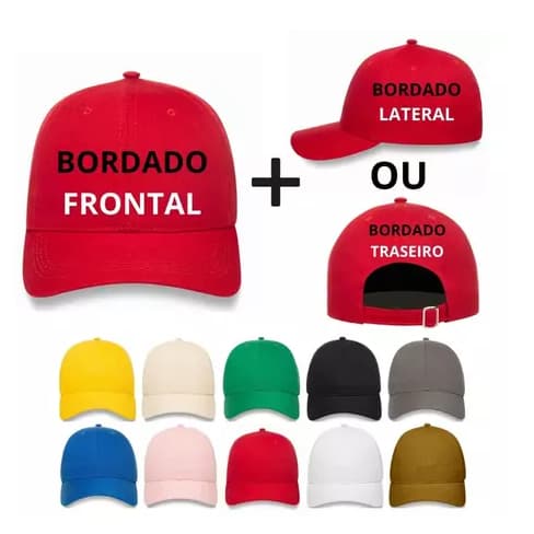 01 Boné Personalizado com 2 Bordados (Frente + Traseira) Aba Curva Unissex Regulável