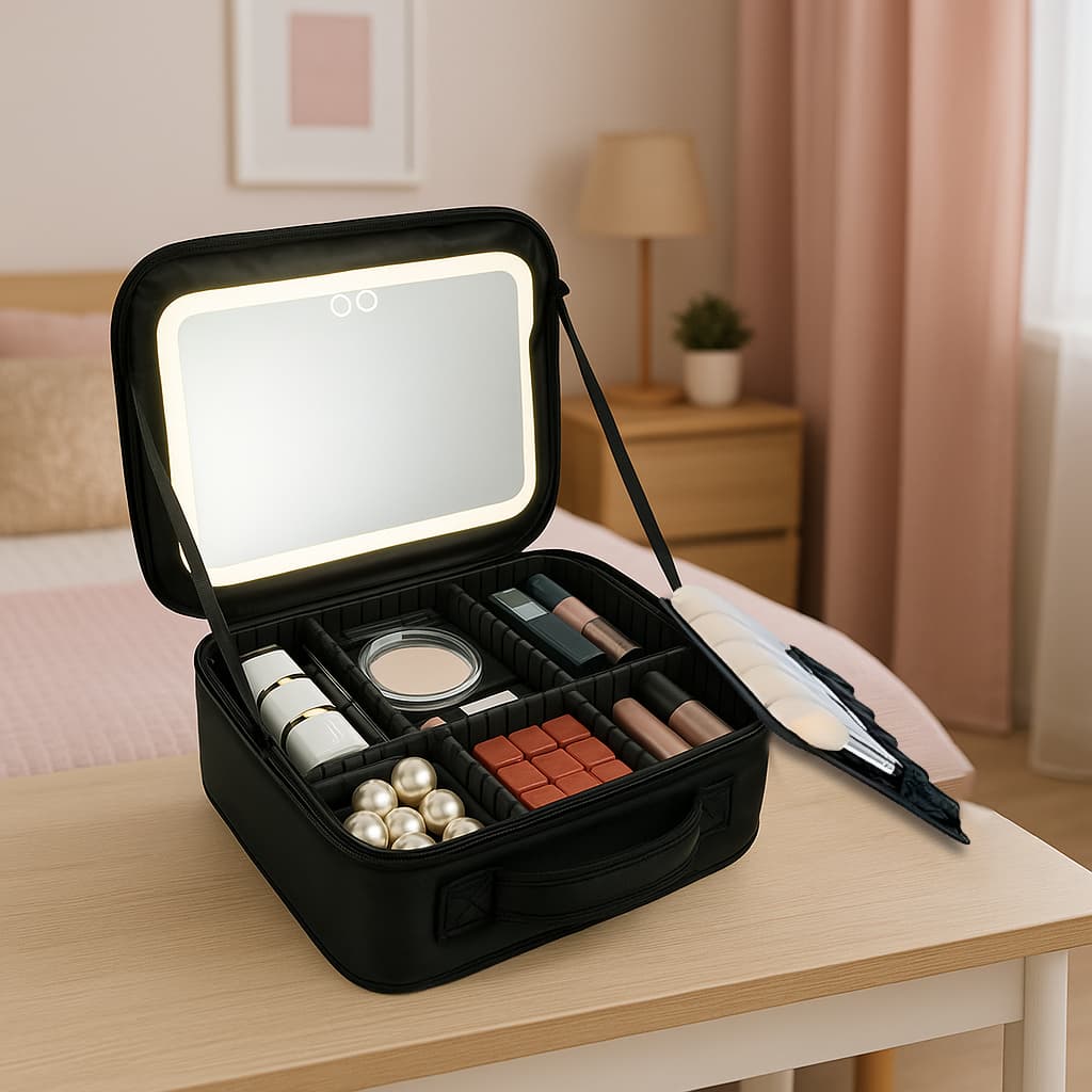 Maleta para Maquiagem com Espelho Led Recarregável Estojo Necessaire com Alça Portátil Cosméticos