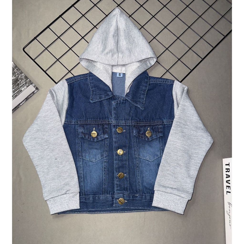 Jaqueta Jeans Infantil Manga Longa Moletom Com Capuz Juvenil Menino