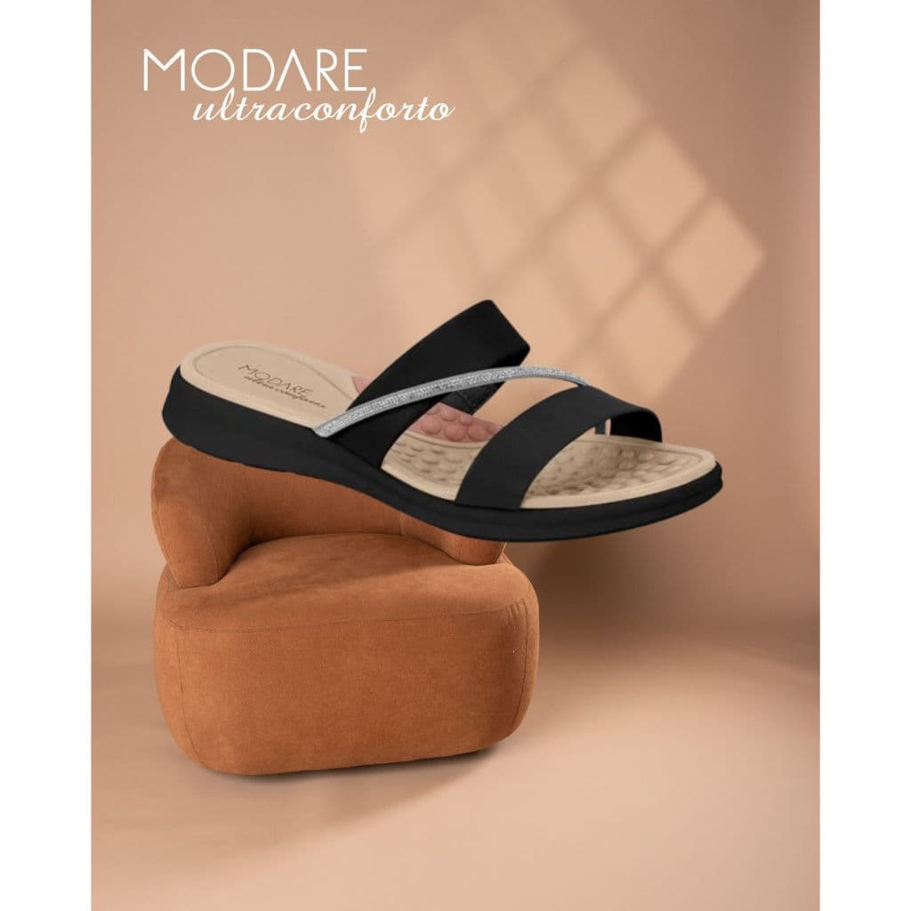 Chinelo Papete Modare Anne Strass Ultra Conforto Ortopédica Brilho Prata Palmilha Massageadora
