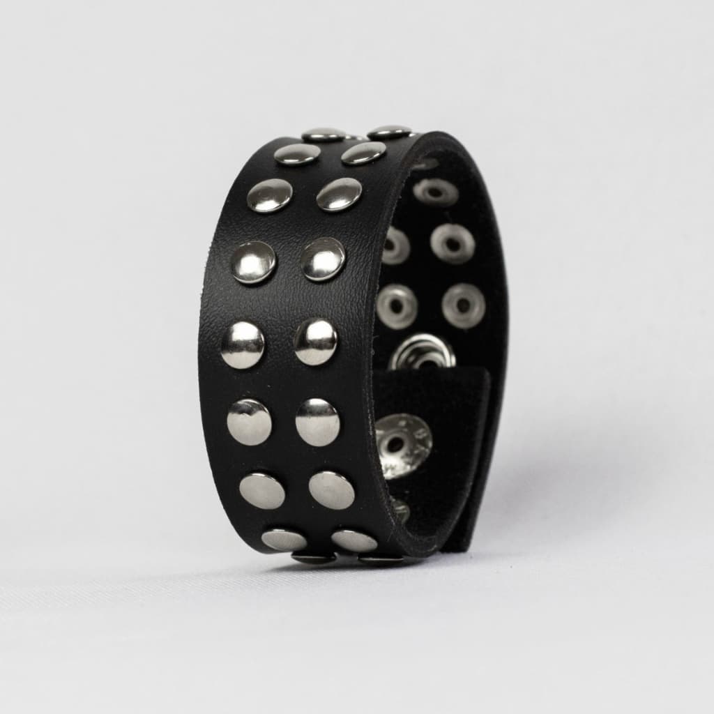 Pulseira Bracelete Couro 2 Fileiras de Rebites e Tachas Redondas Punk Rock Emo