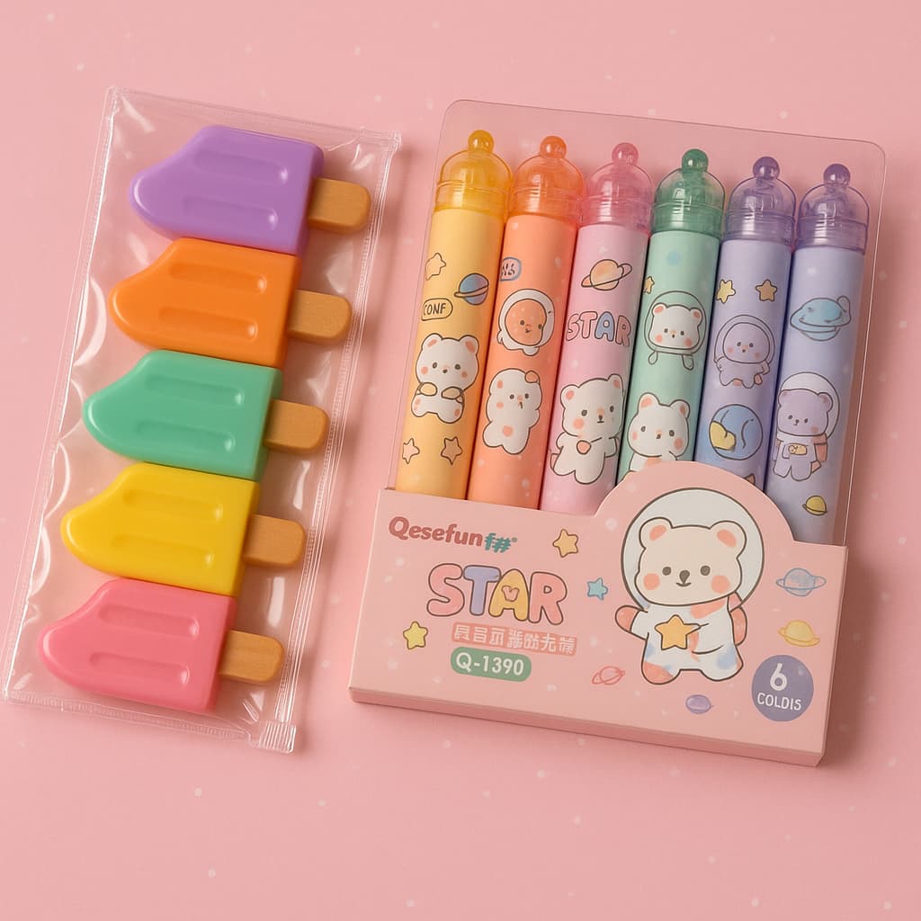 Kit Marca Texto Com 5/6/11 Cores - Papelaria Fofa Marca Texto Picolé E Ursinho Com Carimbo