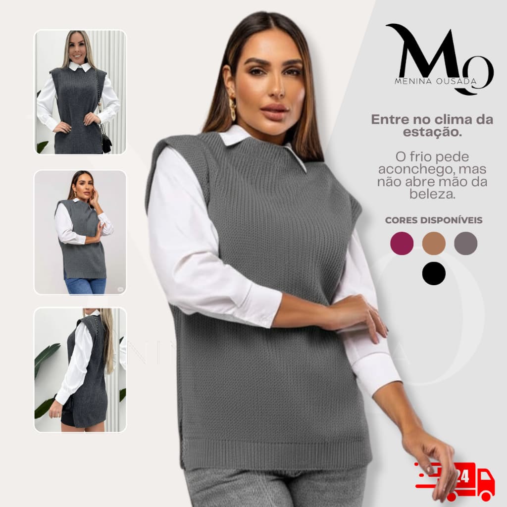 Colete de inverno Tricot Feminino Alongado em Lã Tendência Outono/Inverno