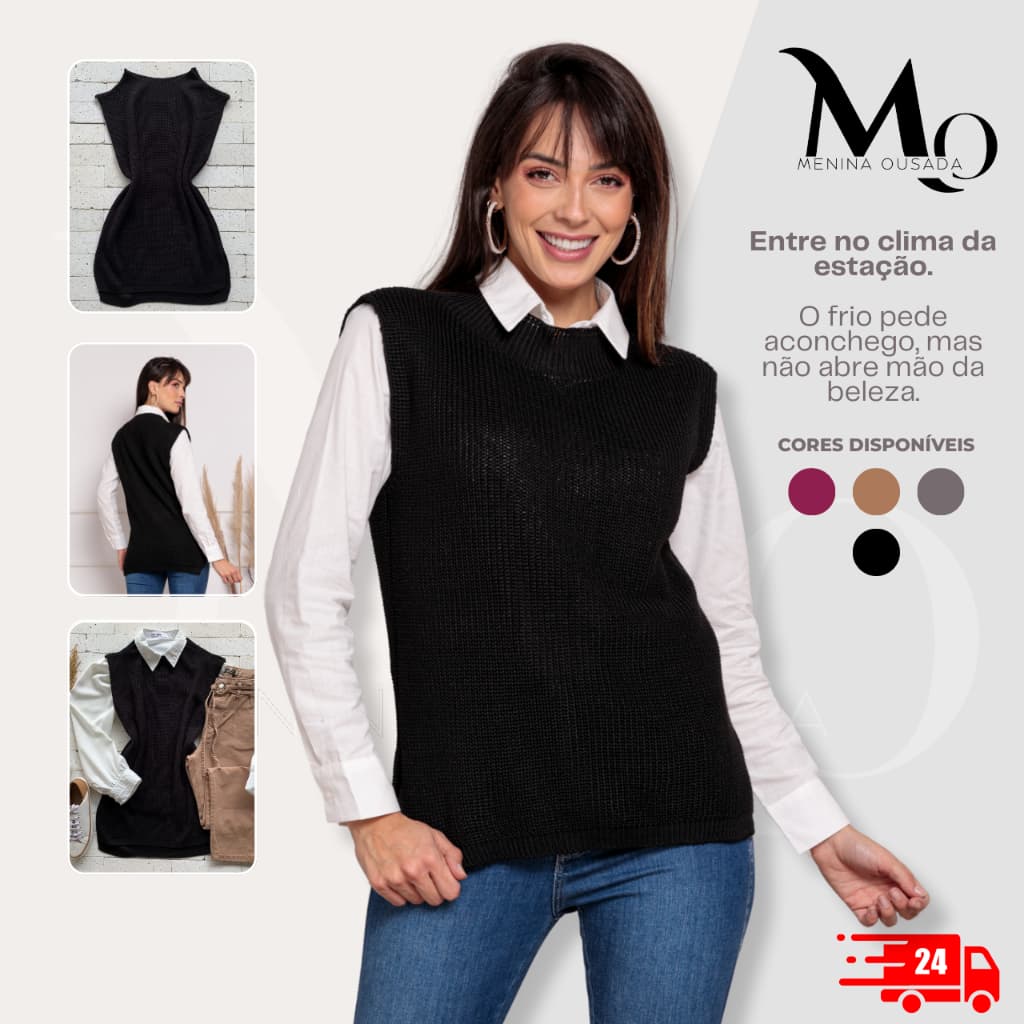 Colete Feminino Tricot Abertura Lateral Canelado Casual Elegante Blusa de frio Feminina Casaquinho sem Manga Casaco