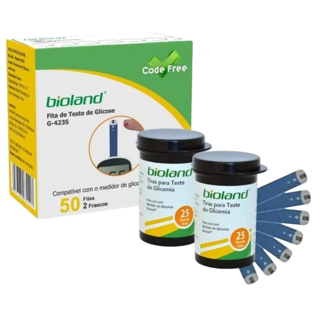 Fita para Medição Bioland – Modelo G423S – CODE Free Tira para Diabetes medidores Bioland G-500 (azul e branco) e G425-3